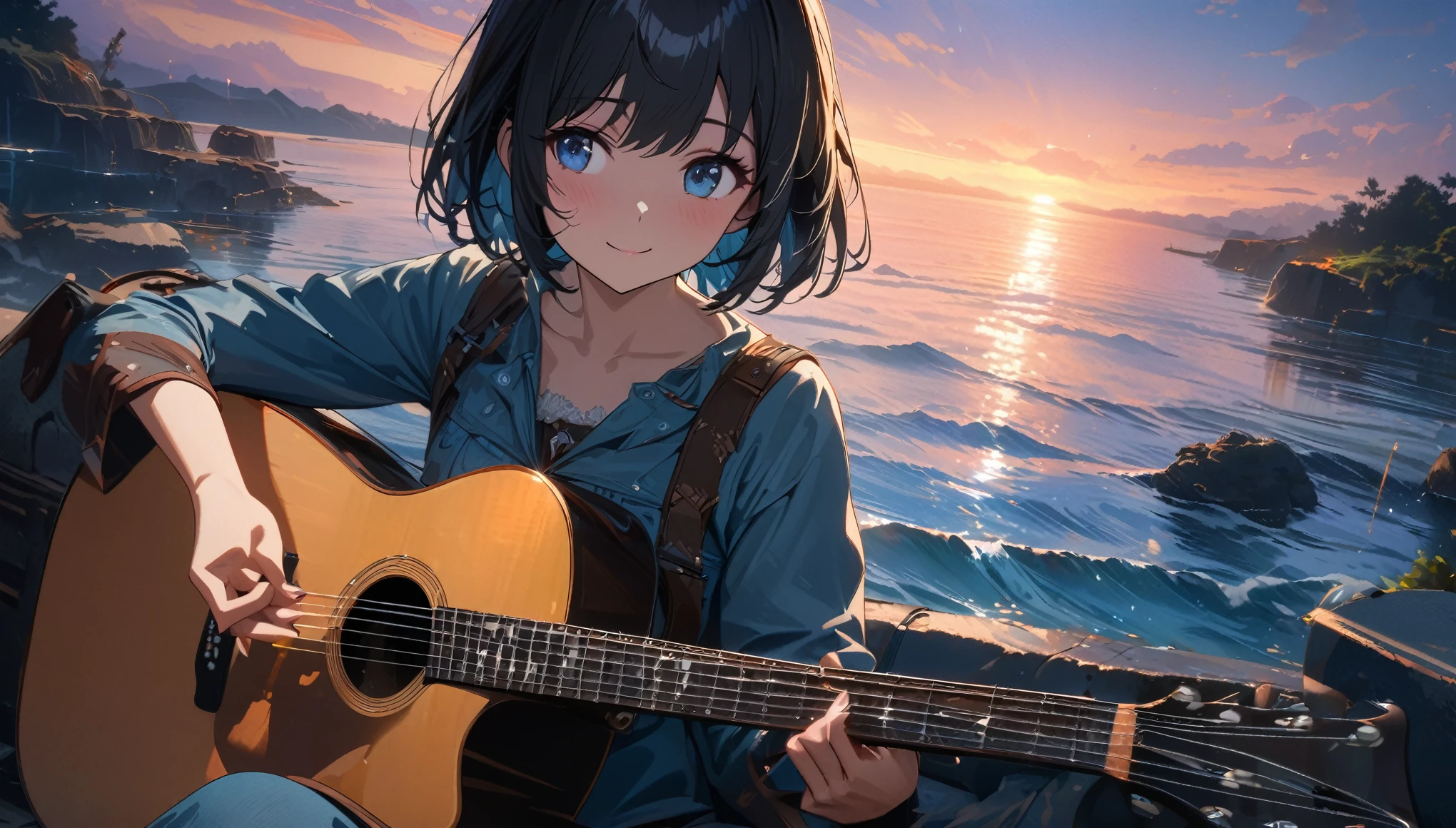 beautiful 1girl, solo, gentle smile on her face flat chest, short hair, black hair, blue eyes, Beautiful depiction,, Sunset Serenade by the Sea,focus on landscape,Landscape painting,The girl is playing the guitar while looking up at the sky,Masterpiece of a girl in playing the guitar,bestquality,high resolution,extra limbs,missing limb,extra digit,fewer digit,missing digit,missing fingers,fused fingers,mutated hands and fingers,immersed in a peaceful night scene, 4K high-definition digital art, with ultra-detailed digital paintings, capturing every texture and nuance in 4K, Beautiful art UHD 4K, showcasing great art style and dreamy digital painting, calm night setting, intuitive details, anime art wallpaper enhancing your space, 1 girl, lost in her music, highly detailed digital painting, 4K high-definition, intricately rendered uniform, sitting on the breakwater, watching the tranquil water, great lighting complementing the scene, 4K detailed digital art, highly detailed digital painting, capturing every emotion and