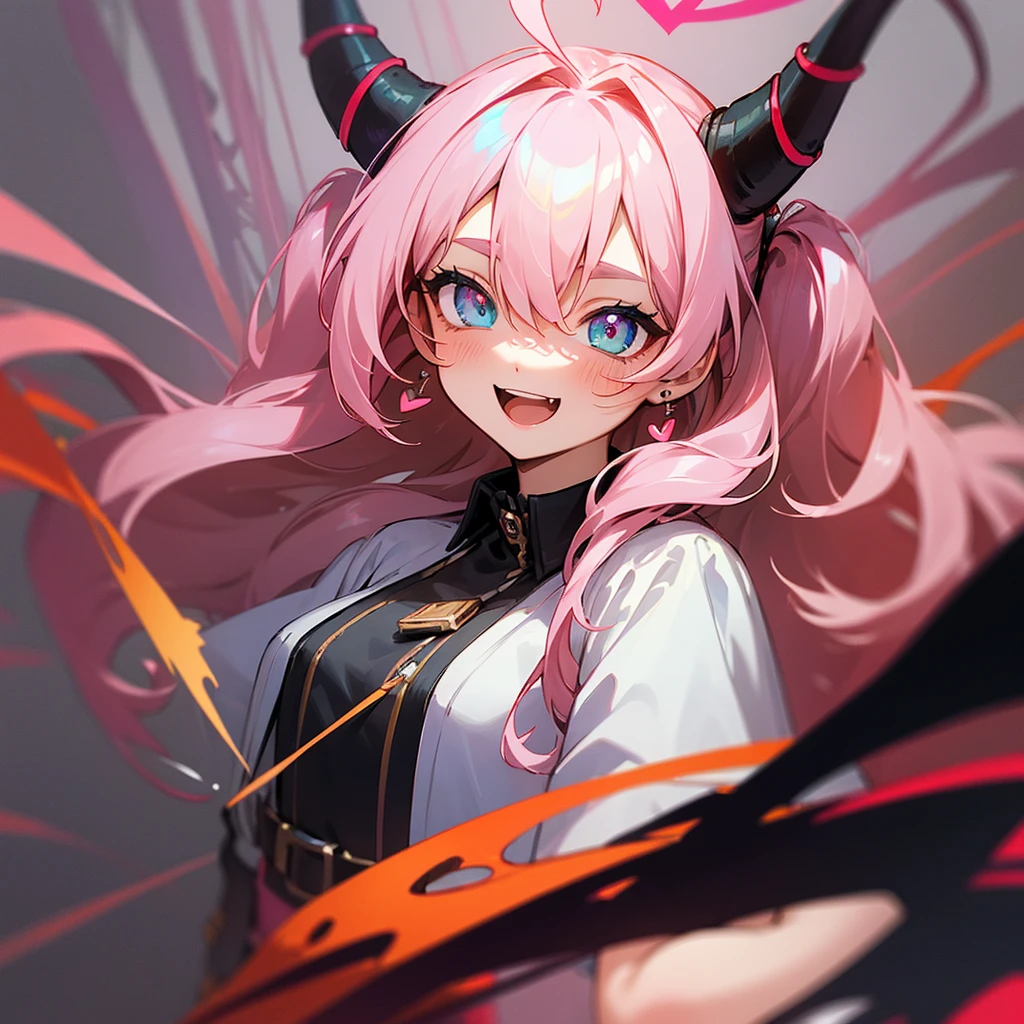 ((best quality,4k, highres,masterpiece:1.2)), girl with pink hair, pink skin, dressed in a black harness, ((одетая в Black belts, Body straps, Black belts)), (sexually), a lot of belts, there are small horns on the head