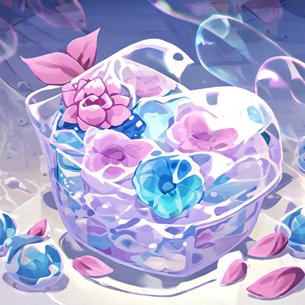 Transparent plastic glass. Blue bubble tee, pink flower leaves, heart made of ice, mint