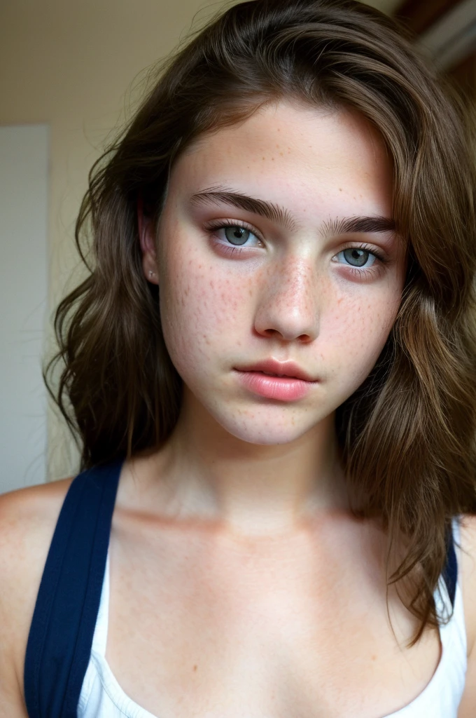 really pretty 18 years old girl. Brown hair. Innocent face. Straight looking to the camera. Facing the camera. Light brown eyes. Freckles. Unique face. Thing face. Beautiful eyes