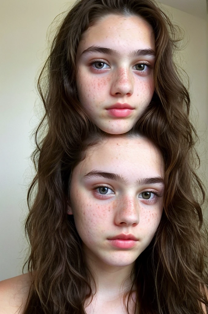 really pretty 18 years old girl. Brown hair. Innocent face. Straight looking to the camera. Facing the camera. Light brown  eyes. Freckles. Unique face. Thing face. Beautiful eyes 