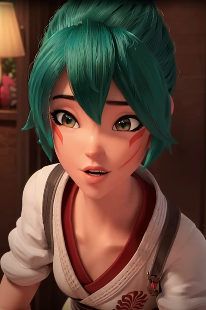 realistic, realism, photorealism, photo-realistic, high contrast, (photorealistic:1.4), 8k high definition detailed realistic, (best quality, masterpiece:1.2), NSFW, photon mapping, radiosity, physically-based rendering, best quality, highly detailed, 1girl, owkiriko, green hair:0.6, looks at the viewer, red dress, ((glowing eyes)),