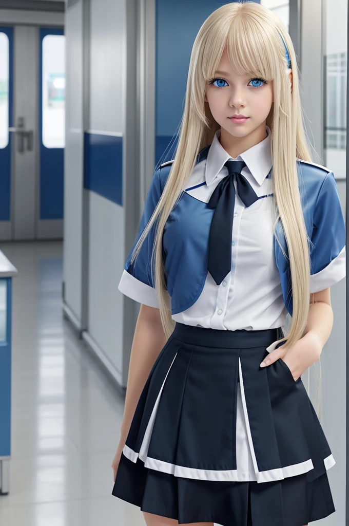 Screencap Blue Lock, a teenager young woman with blue eyes and a beautiful long and blonde hair, big eyelashes, full lips with lip gloss. She wears a uniform consisting of a white shirt and a black skirt. She is animated a the anime style of the anime Blue Lock. captura de pantalla blue Lock, animada ala estilo del anime Blue Lock