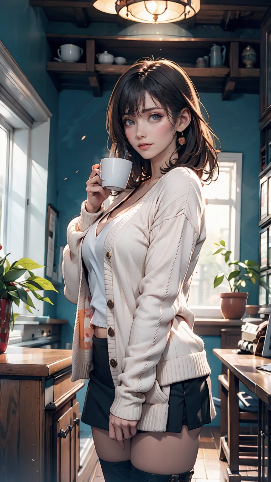 indoor, Portraiture, A 25-year-old woman holding a coffee cup, Black cropped knit cardigan, arm:1, Dark red slim skirt with black check pattern, Black knee-high suede boots, Standing next to the office window
