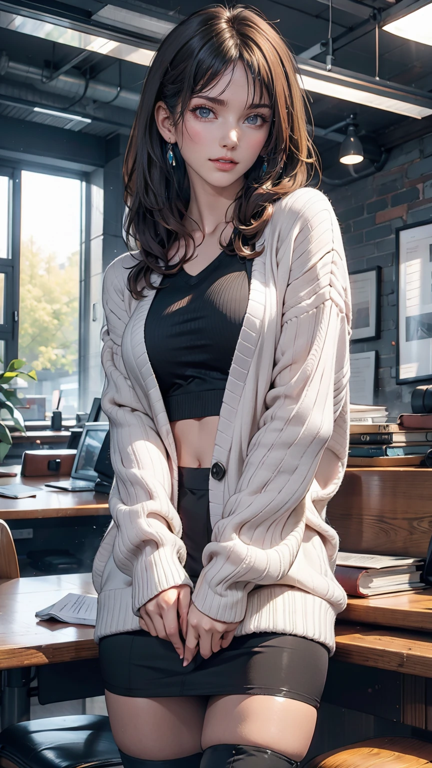 indoor, Portraiture, A 25-year-old woman holding a coffee cup, Black cropped knit cardigan, arm:1, Dark red slim skirt with black check pattern, Black knee-high suede boots, Standing next to the office window