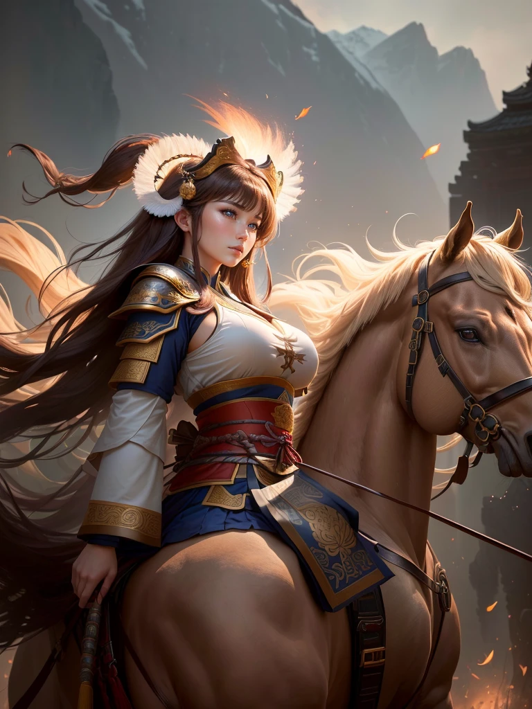 a close up of a woman with a bow and a bow on a horse, mongol, guan yu, genghis khan, inspired by Hu Zaobin, chinese warrior, zhao yun, photo of genghis khan, bian lian, inspired by Wu Bin, inspired by Huang Shen, inspired by Cao Zhibai, feng shu, chinese three kingdoms, yang qi, Highly detailed CG unit 8k wallpaper, masterpiece, High resolution, highest quality, highest quality real texture skin, Super Real, Digital Painting, Best image quality, 最High resolution, 8k, (((Highly detailed eyes and face, Beautiful eyes every detail))), profile, light brown hair, disproportionate breasts, huge breasts, sagging breasts, gigantic breasts, erect nipple, underboobs,