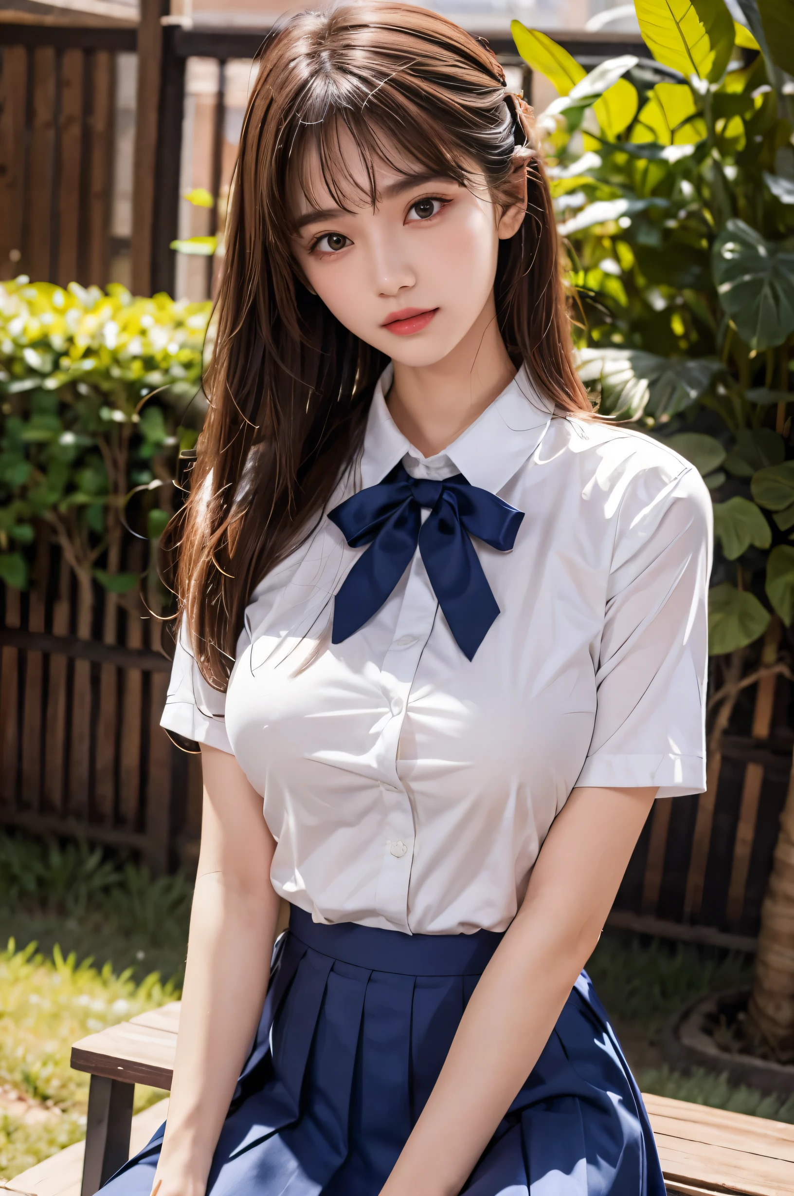 (ultra HD), (School uniform with short sleeves, White collared shirt, Navy Blue Skirt), (Big Breasts:1.5), (The cleavage is visible), Slender, whole body, (Clean and shiny skin, Whitening, No makeup), (超Slenderな顔立ち, Super beautiful face, Delicate face), (long hair, Layered Cut, Fluffy hair,light brown), (Patchy double eyelids, Slanted Eyes), Small Nose, Thin lips, Thin legs, Schoolyard, sunset