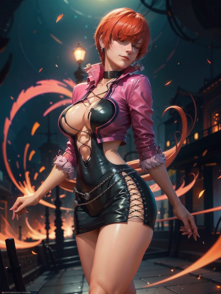 (at night), in a video game scene with a neon background and a neon light, standing at attention, pink suit, pink jacket, choker, neckline, cut of clothing, earrings, has long bangs in her hair that covers eyes ((hair over eyes)), 1 girl, 20 years old, young woman, beautiful finger, beautiful long legs, beautiful body, beautiful nose, beautiful character design, perfect face, looking at the viewer (focusing on her face) , closed mouth, Light_Smile, official art, extremely detailed CG unity 8k wallpaper, perfect lighting, bright and colorful front lighting, glowing skin, (masterpiece: 1.0), (best_quality: 1.0), ultra high resolution, 4K, photography ultra detailed, 8K, HDR, high resolution, absurdities:1.2, Kodak portra 400, film grain, blurred background, bokeh:1.2, lens flare, (vibrant_color:1.2), professional photography, (Beautiful, breasts: 1.4), (beautiful_face: 1.5 ), (narrow waist),
