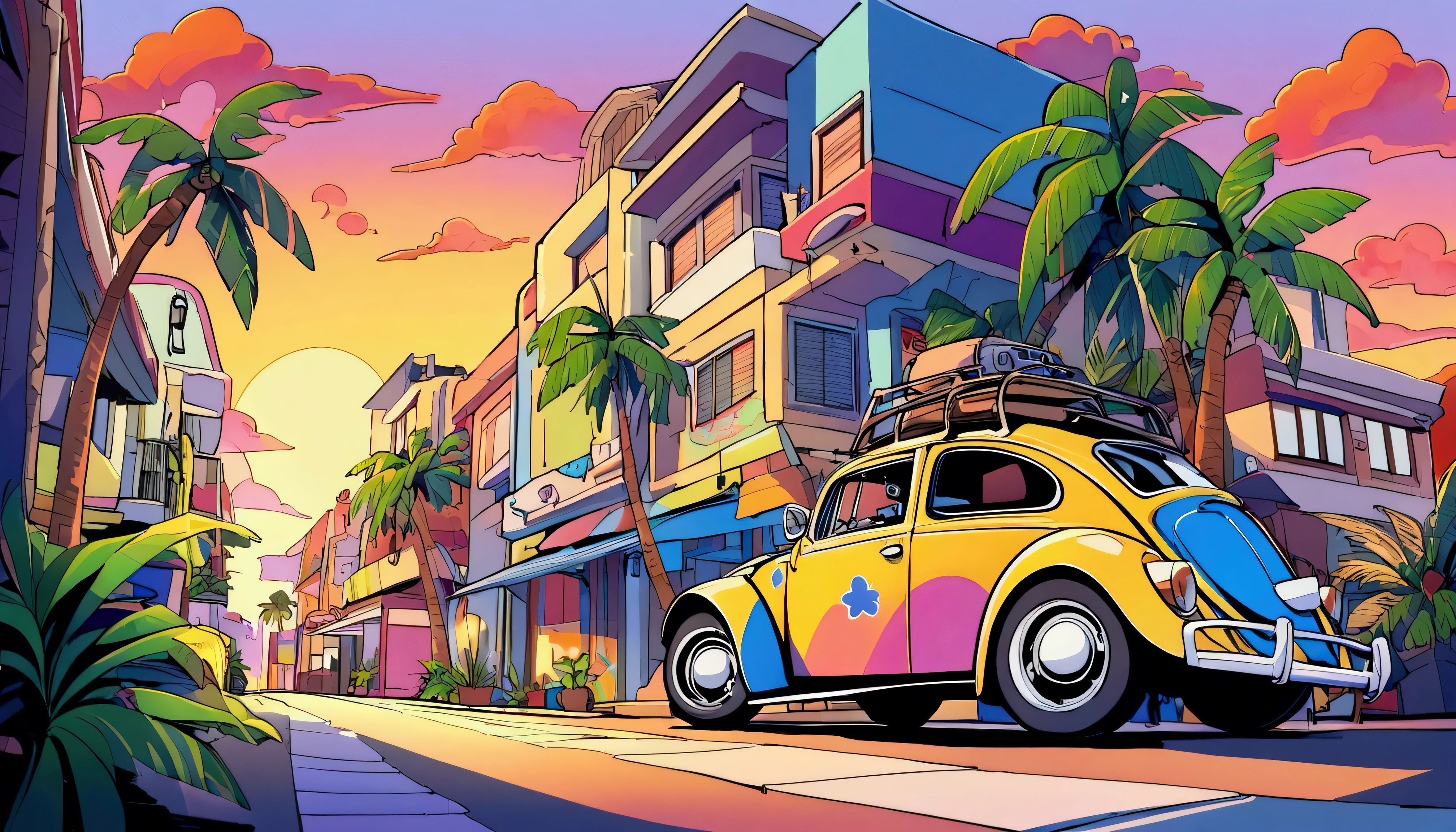 ((Sticker design)), Volkswagen Type 1 beetle, Sunset background, Palm tree, Layers with 5 colors, Corner Street, Belek's Drums, Plethean,