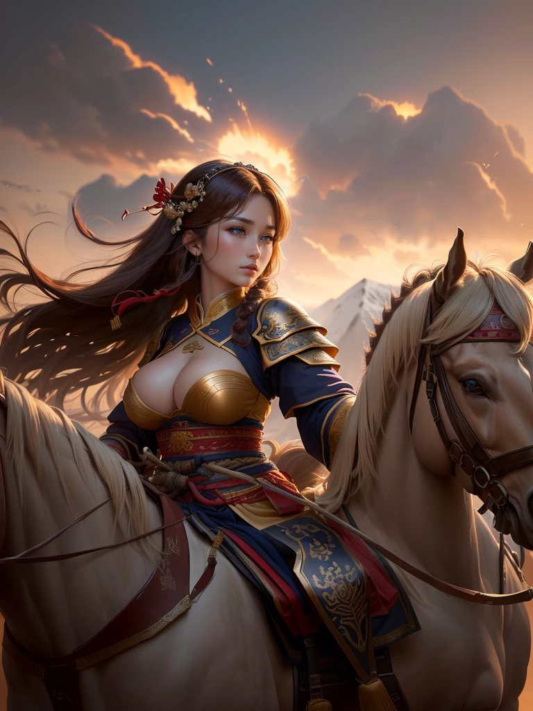 a close up of a woman with a bow and a bow on a horse, mongol, guan yu, genghis khan, inspired by Hu Zaobin, chinese warrior, zhao yun, photo of genghis khan, bian lian, inspired by Wu Bin, inspired by Huang Shen, inspired by Cao Zhibai, feng shu, chinese three kingdoms, yang qi, Highly detailed CG unit 8k wallpaper, masterpiece, High resolution, highest quality, highest quality real texture skin, Super Real, Digital Painting, Best image quality, 最High resolution, 8k, (((Highly detailed eyes and face, Beautiful eyes every detail))), profile, light brown hair, disproportionate breasts, huge breasts, sagging breasts, gigantic breasts, erect nipple, underboobs,