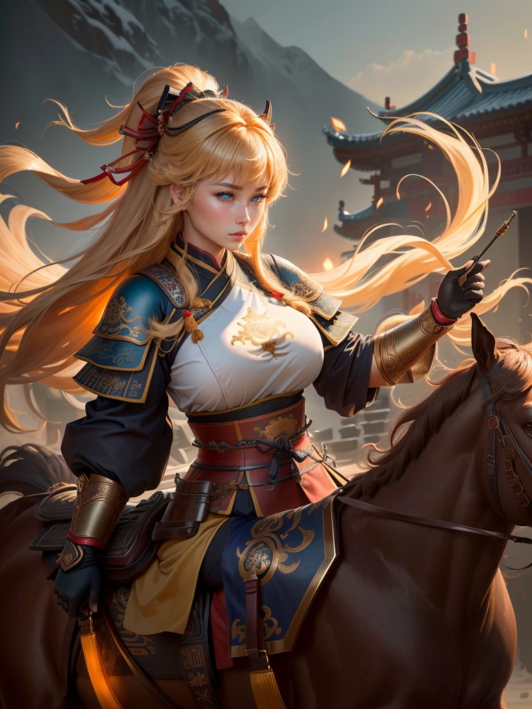 a close up of a woman with a bow and a bow on a horse, mongol, guan yu, genghis khan, inspired by Hu Zaobin, chinese warrior, zhao yun, photo of genghis khan, bian lian, inspired by Wu Bin, inspired by Huang Shen, inspired by Cao Zhibai, feng shu, chinese three kingdoms, yang qi, Highly detailed CG unit 8k wallpaper, masterpiece, High resolution, highest quality, highest quality real texture skin, Super Real, Digital Painting, Best image quality, 最High resolution, 8k, (((Highly detailed eyes and face, Beautiful eyes every detail))), profile, light brown hair,  disproportionate breasts, huge breasts, sagging breasts, gigantic breasts, erect nipple, underboobs,
