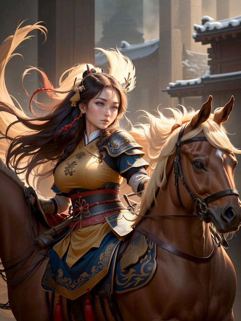 a close up of a woman with a bow and a bow on a horse, mongol, guan yu, genghis khan, inspired by Hu Zaobin, chinese warrior, zhao yun, photo of genghis khan, bian lian, inspired by Wu Bin, inspired by Huang Shen, inspired by Cao Zhibai, feng shu, chinese three kingdoms, yang qi, Highly detailed CG unit 8k wallpaper, masterpiece, High resolution, highest quality, highest quality real texture skin, Super Real, Digital Painting, Best image quality, 最High resolution, 8k, (((Highly detailed eyes and face, Beautiful eyes every detail))), profile, light brown hair,  disproportionate breasts, huge breasts, sagging breasts, gigantic breasts, erect nipple, underboobs,