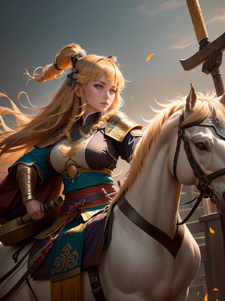 a close up of a woman with a bow and a bow on a horse, mongol, guan yu, genghis khan, inspired by Hu Zaobin, chinese warrior, zhao yun, photo of genghis khan, bian lian, inspired by Wu Bin, inspired by Huang Shen, inspired by Cao Zhibai, feng shu, chinese three kingdoms, yang qi, Highly detailed CG unit 8k wallpaper, masterpiece, High resolution, highest quality, highest quality real texture skin, Super Real, Digital Painting, Best image quality, 最High resolution, 8k, (((Highly detailed eyes and face, Beautiful eyes every detail))), profile, light brown hair, disproportionate breasts, huge breasts, sagging breasts, gigantic breasts, erect nipple, underboobs,