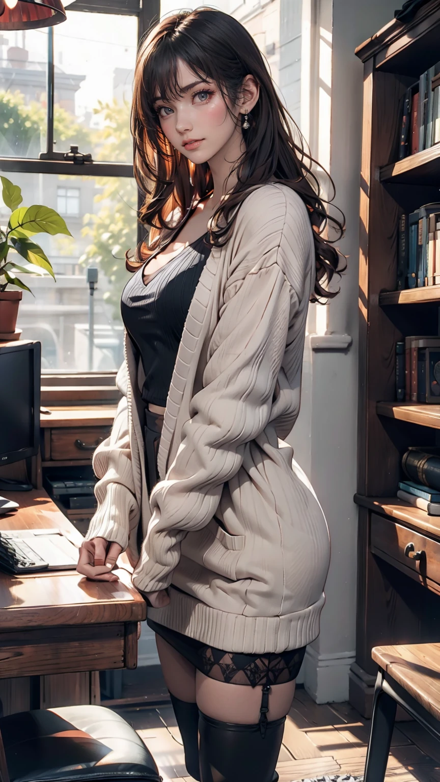 indoor, Portraiture, A 25-year-old woman holding a coffee cup, Black cropped knit cardigan, arm:1, Dark red slim skirt with black check pattern, Black knee-high suede boots, Standing next to the office window