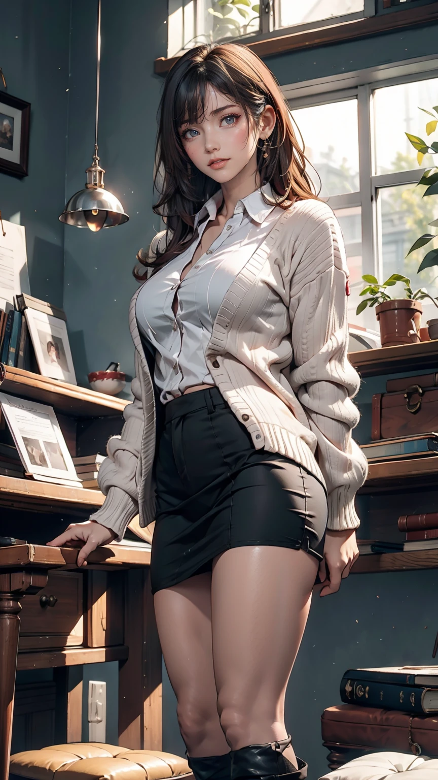 indoor, Portraiture, A 25-year-old woman holding a coffee cup, Black cropped knit cardigan, arm:1, Dark red slim skirt with black check pattern, Black knee-high suede boots, Standing next to the office window