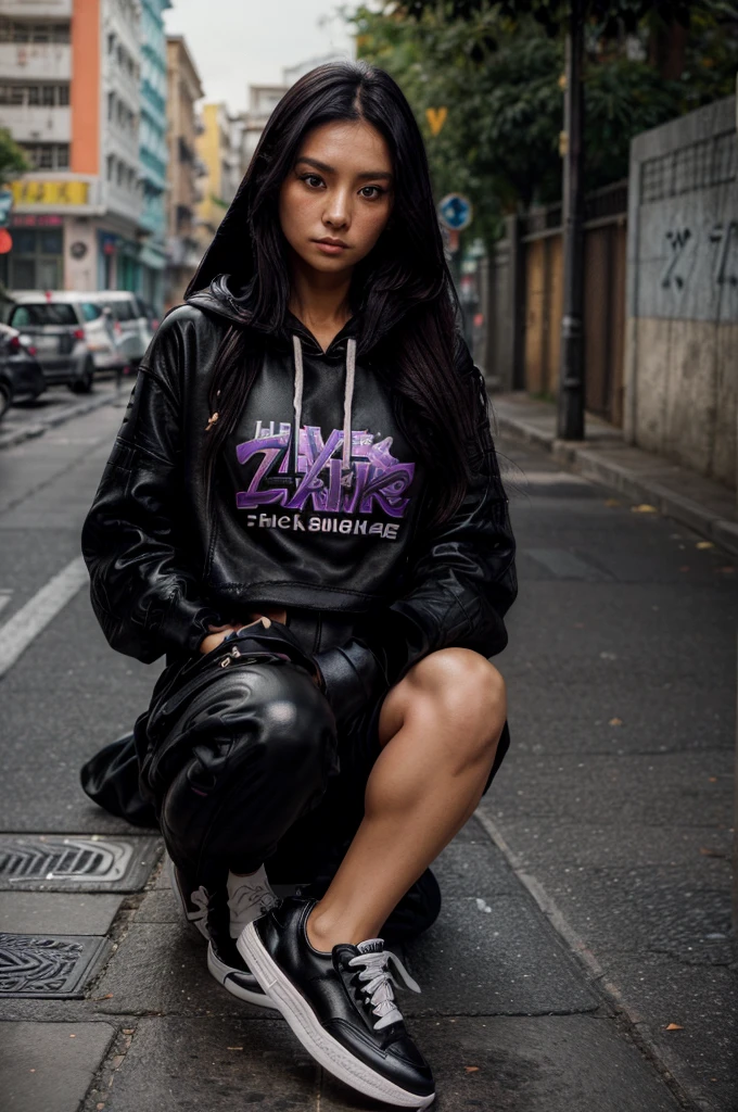 [[((young attractive Singaporean woman with strong Chinese Asian influence, a brown tanned complexion, long straight dark black hair dyed purple, striking almond-shaped dark brown eyes, and a  frame:1.6)), ((Sophie Tan:1.5)), standing against a graffiti-covered wall, wearing ((a black cropped hoodie, black leather pants, and black sneakers:1.6)). She is striking a casual pose with one hand in her pocket and the other arm hanging naturally. The background features a colorful graffiti wall. The scene is captured with a ((full-frame DSLR:1.4)) using a ((24-70mm zoom lens:1.4)) to keep Sophie in sharp focus while slightly blurring the background. Professional lighting enhances her natural features and the edgy outfit. The image should be in ((8K resolution:1.5)) with ((hyper-realistic detail:1.6)). The focus is on Sophie’s trendy street style, her relaxed pose, and the vibrant graffiti setting.]]