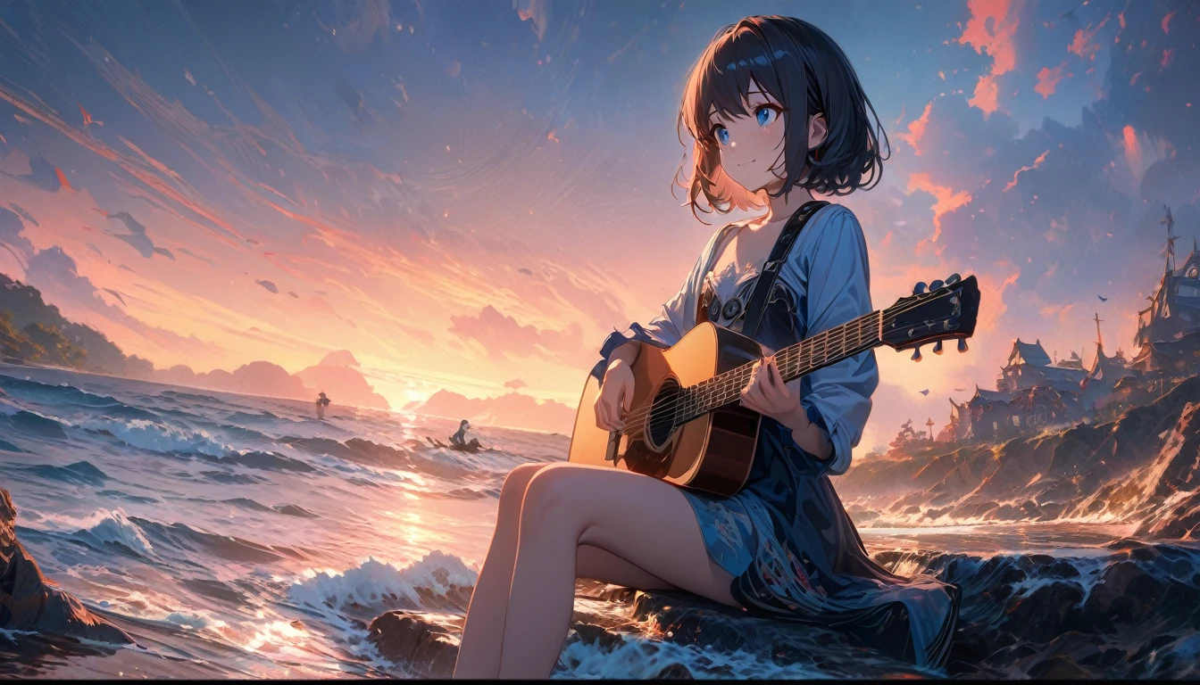 beautiful 1girl, solo, gentle smile on her face flat chest, short hair, black hair, blue eyes, Beautiful depiction,, Sunset Serenade by the Sea,focus on landscape,Landscape painting,The girl is playing the guitar while looking up at the sky,Masterpiece of a girl in playing the guitar,bestquality,high resolution,extra limbs,missing limb,extra digit,fewer digit,missing digit,missing fingers,fused fingers,mutated hands and fingers,immersed in a peaceful night scene, 4K high-definition digital art, with ultra-detailed digital paintings, capturing every texture and nuance in 4K, Beautiful art UHD 4K, showcasing great art style and dreamy digital painting, calm night setting, intuitive details, anime art wallpaper enhancing your space, 1 girl, lost in her music, highly detailed digital painting, 4K high-definition, intricately rendered uniform, sitting on the breakwater, watching the tranquil water, great lighting complementing the scene, 4K detailed digital art, highly detailed digital painting, capturing every emotion and