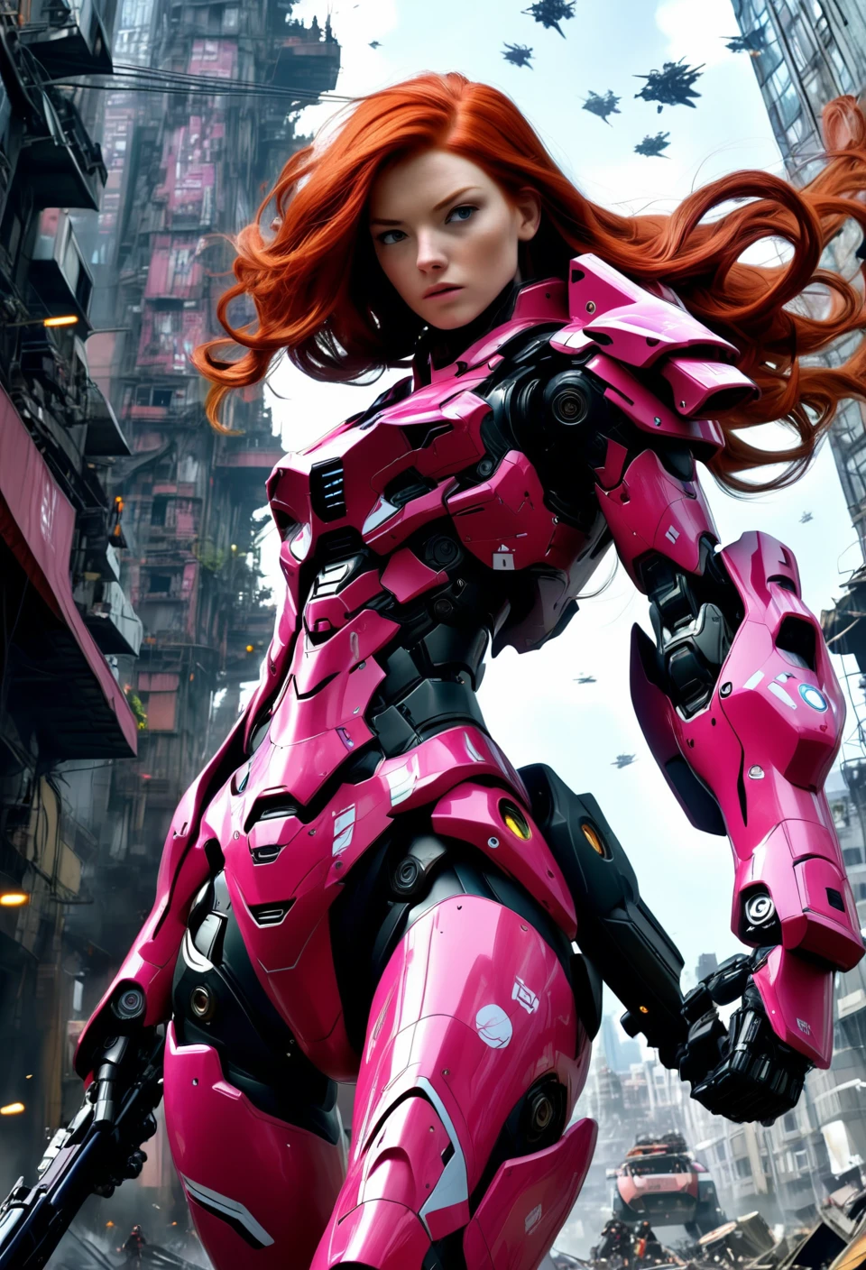 A cinematic film still of a redhead in a pink-powered armor suit, shooting at a towering, menacing black mecha. The heroine's armor is adorned with intricate designs and a retractable shroud, revealing her determination and strength. The background is a dystopian cityscape, with buildings crumbling and people caught in the crossfire. The atmosphere is a blend of action, sci-fi, and a touch of drama.