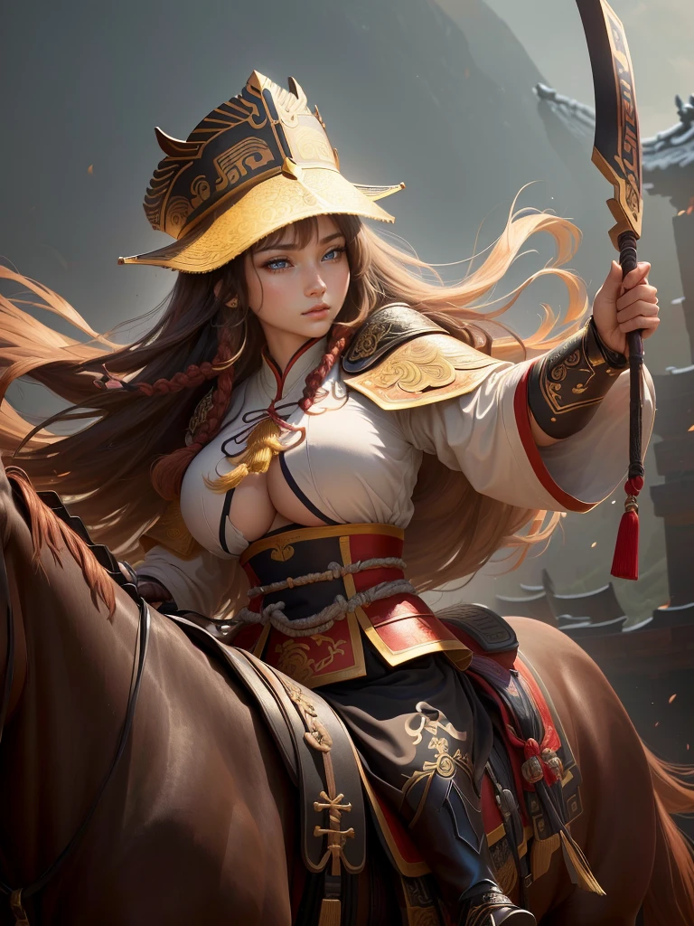 a close up of a woman with a bow and a bow on a horse, mongol, guan yu, genghis khan, inspired by Hu Zaobin, chinese warrior, zhao yun, photo of genghis khan, bian lian, inspired by Wu Bin, inspired by Huang Shen, inspired by Cao Zhibai, feng shu, chinese three kingdoms, yang qi, Highly detailed CG unit 8k wallpaper, masterpiece, High resolution, highest quality, highest quality real texture skin, Super Real, Digital Painting, Best image quality, 最High resolution, 8k, (((Highly detailed eyes and face, Beautiful eyes every detail))), profile, light brown hair, disproportionate breasts, huge breasts, sagging breasts, gigantic breasts, erect nipple, underboobs,
