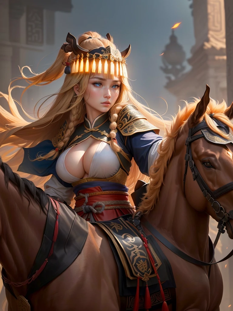 a close up of a woman with a bow and a bow on a horse, mongol, guan yu, genghis khan, inspired by Hu Zaobin, chinese warrior, zhao yun, photo of genghis khan, bian lian, inspired by Wu Bin, inspired by Huang Shen, inspired by Cao Zhibai, feng shu, chinese three kingdoms, yang qi, Highly detailed CG unit 8k wallpaper, masterpiece, High resolution, highest quality, highest quality real texture skin, Super Real, Digital Painting, Best image quality, 最High resolution, 8k, (((Highly detailed eyes and face, Beautiful eyes every detail))), profile, light brown hair, disproportionate breasts, huge breasts, sagging breasts, gigantic breasts, erect nipple, underboobs,