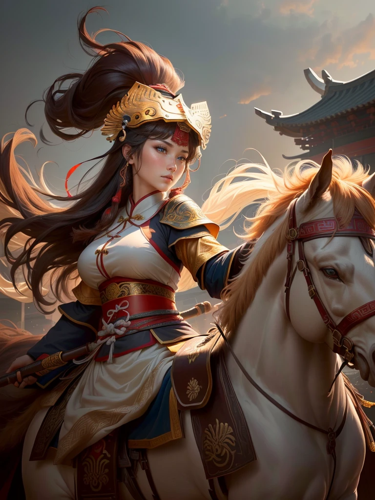 a close up of a woman with a bow and a bow on a horse, mongol, guan yu, genghis khan, inspired by Hu Zaobin, chinese warrior, zhao yun, photo of genghis khan, bian lian, inspired by Wu Bin, inspired by Huang Shen, inspired by Cao Zhibai, feng shu, chinese three kingdoms, yang qi, Highly detailed CG unit 8k wallpaper, masterpiece, High resolution, highest quality, highest quality real texture skin, Super Real, Digital Painting, Best image quality, 最High resolution, 8k, (((Highly detailed eyes and face, Beautiful eyes every detail))), profile, light brown hair,  disproportionate breasts, huge breasts, sagging breasts, gigantic breasts, erect nipple, underboobs,