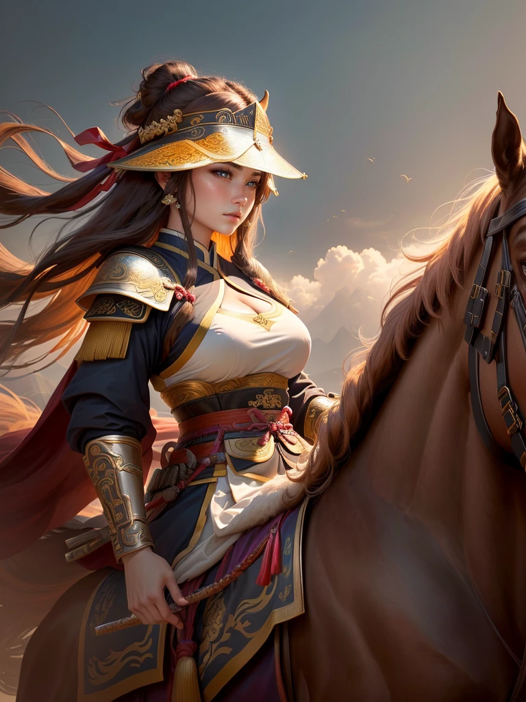 a close up of a woman with a bow and a bow on a horse, mongol, guan yu, genghis khan, inspired by Hu Zaobin, chinese warrior, zhao yun, photo of genghis khan, bian lian, inspired by Wu Bin, inspired by Huang Shen, inspired by Cao Zhibai, feng shu, chinese three kingdoms, yang qi, Highly detailed CG unit 8k wallpaper, masterpiece, High resolution, highest quality, highest quality real texture skin, Super Real, Digital Painting, Best image quality, 最High resolution, 8k, (((Highly detailed eyes and face, Beautiful eyes every detail))), profile, light brown hair,  disproportionate breasts, huge breasts, sagging breasts, gigantic breasts, erect nipple, underboobs,