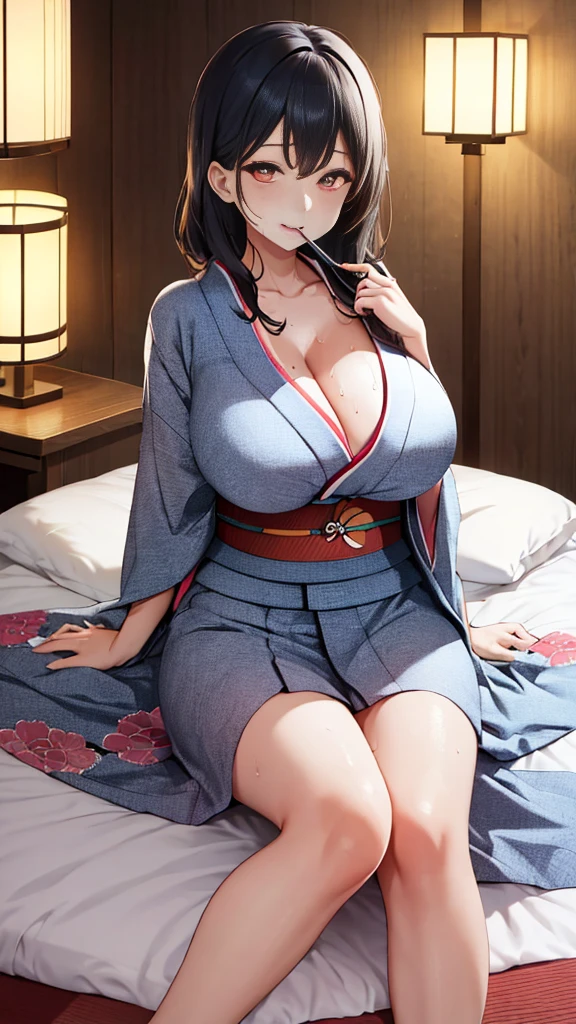 Highest quality、Highest quality、masterpiece、High-end、
,
(kimono:1.28),Heart-shaped pupils、
smile,Mouth closed,
Lady,Mature Woman, Cowboy Shot,
(Dark Room:1.5, Love hotel beds in Japan:1.5, Detailed Background:1.18),
High resolution,Official Art,original,masterpiece,Highest quality, reality、
(Huge breasts),
 (Oily skin),((vapor,Sweat))
Lying on the futon in a sexy pose、Lie down with your legs apart