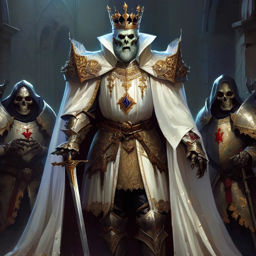 medieval portrait of the zombie king, white royal clothes, armors, undead, fancy, trends on ArtStation, art by Mike Azevedo and Alex Negrea