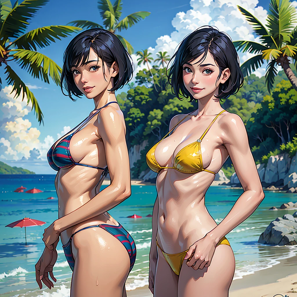 ((highest quality, masterpiece, High resolution)), ((reality)),Photos of beautiful Japanese women,((anime art))、 (((1 girl))), normal size breasts, slim body shape, medium short hair, double eyelid, Wet see-through micro bikini, A pareo with bold ethnic patterns and plenty of primary colors、realistic skin、Wet,whole body,cinematic light、tropical、Against the background of palm trees on both sides、on a sunny beach、With the sea in the background、blur background、smile