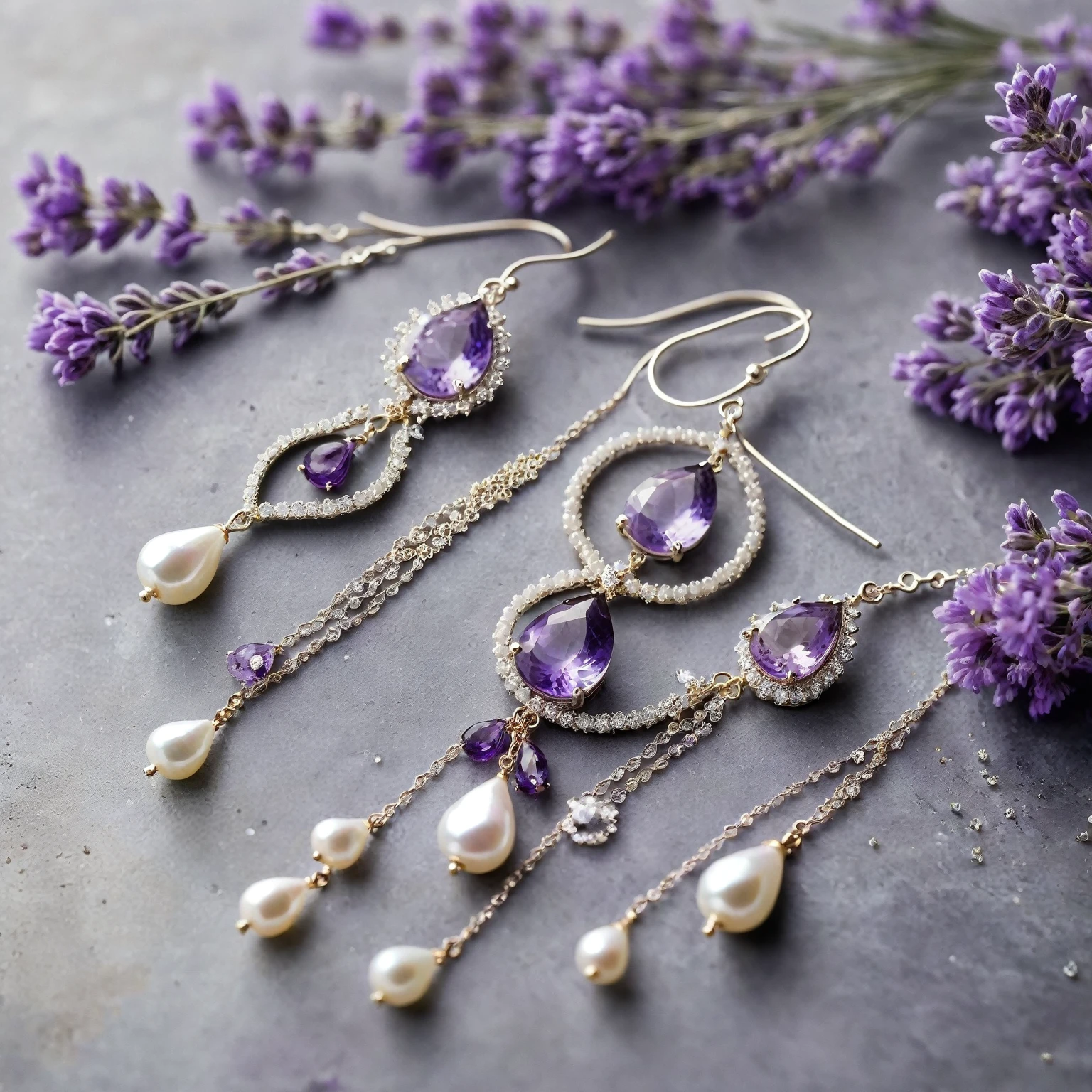 A close-up, cinematic photo of a collection of accessories designed for a romantic dream outfit, bathed in moonlight. The centerpiece is a pair of cascading teardrop earrings crafted from faceted lavender sapphires, shimmering subtly in the moonlight. Delicate chains encrusted with tiny freshwater pearls hang beneath the sapphires. A single strand of freshwater pearls lies beside the earrings on a cool, moonlit stone surface. A vintage-inspired silver ring adorned with a pear-shaped amethyst rests nearby. In the background, a delicate hairpiece made of dried lavender flowers and baby's breath sits upon a silver comb. Delicate lavender flower petals are scattered around the accessories, adding a touch of ethereal beauty.