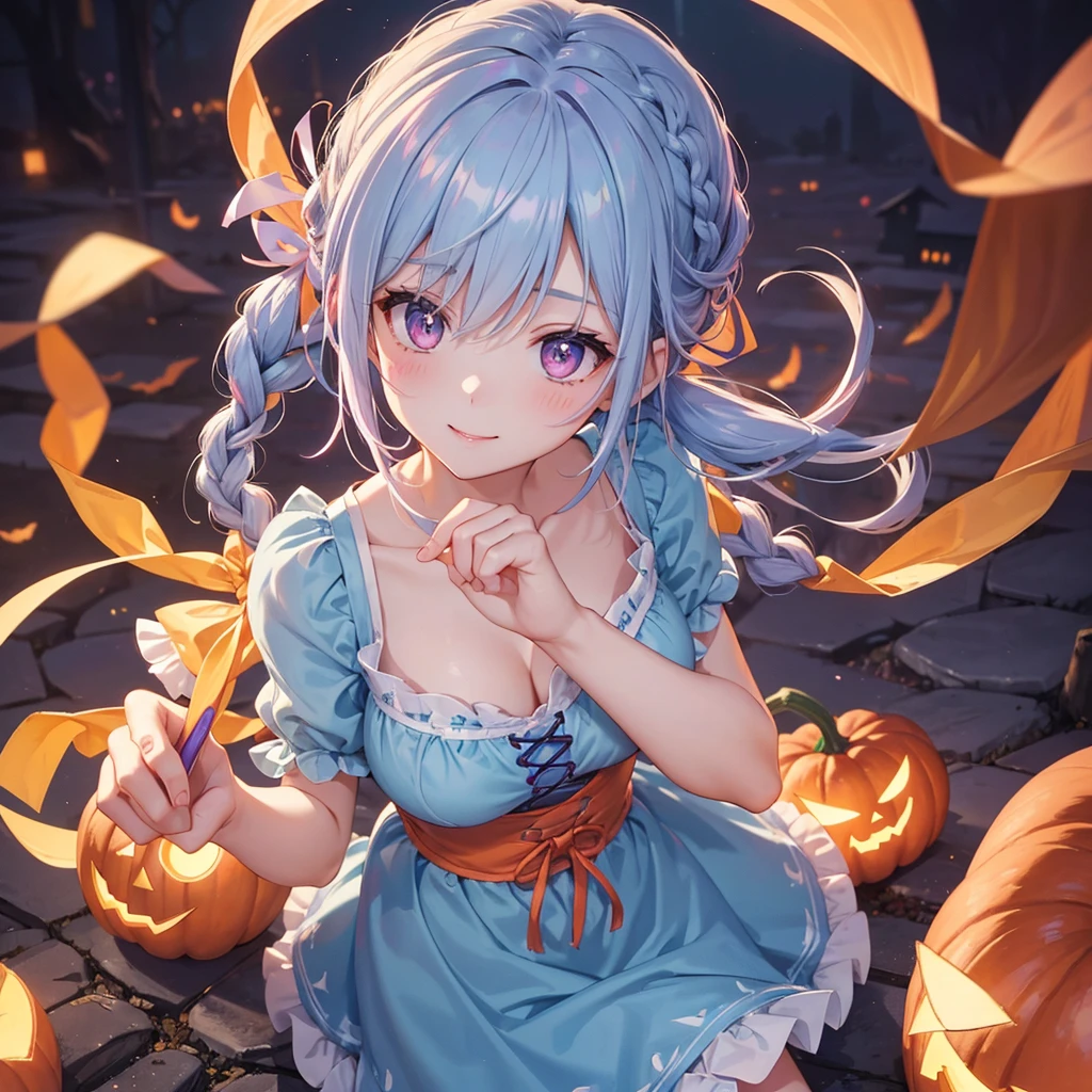 (Light blue medium hair),(Braided hair tied together)、Pink eyes、Fair skin、cowboy shot、Halloween、The background is a pumpkin ghost、Trick or Treat、A lot of sweets、witch、Halloween night party、Candy、Cosplay、A surprising smile、solo、(masterpiece、Highest quality、Very detailed、Best Shadow)、(Detailed Background)、(Beautifully detailed face)、High contrast、(Best lighting、Very delicate and beautiful)、(Cinematic Light)、colorful、Hyper Detail、Dramatic Light、Exquisite detail、