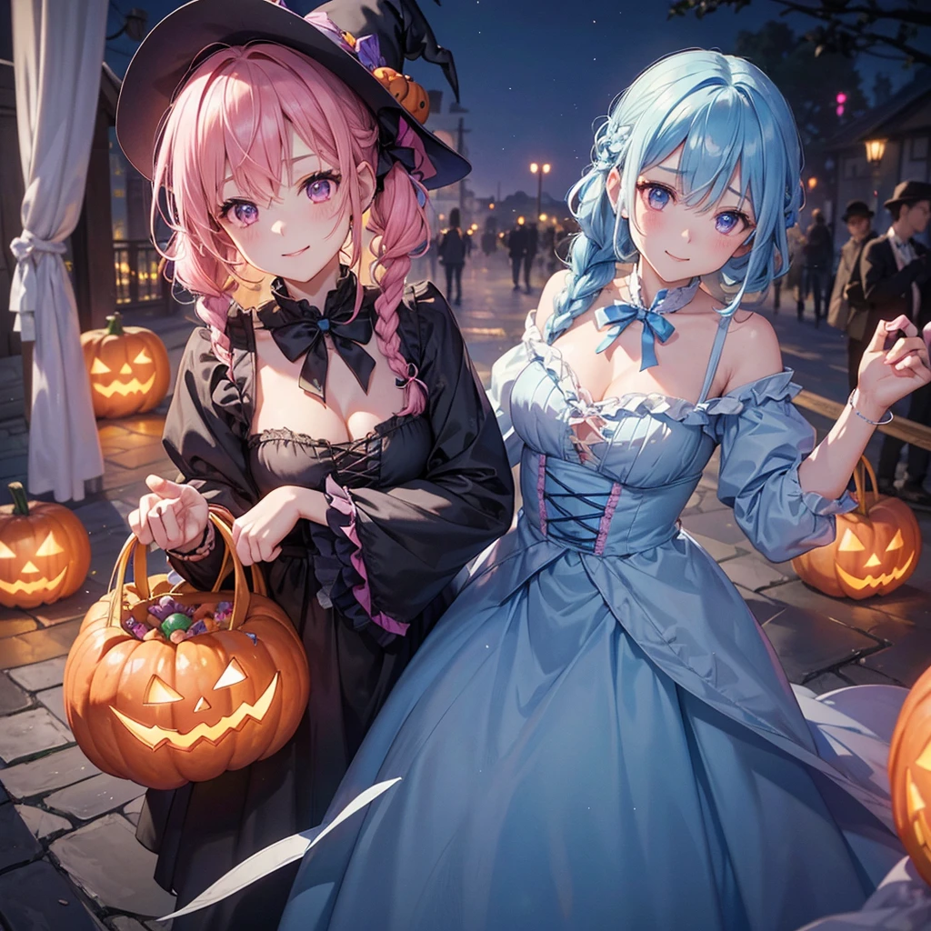 (Light blue medium hair),(Braided hair tied together)、Pink eyes、Fair skin、cowboy shot、Halloween、The background is a pumpkin ghost、Trick or Treat、A lot of sweets、witch、Halloween night party、Candy、Cosplay、A surprising smile、solo、(masterpiece、Highest quality、Very detailed、Best Shadow)、(Detailed Background)、(Beautifully detailed face)、High contrast、(Best lighting、Very delicate and beautiful)、(Cinematic Light)、colorful、Hyper Detail、Dramatic Light、Exquisite detail、