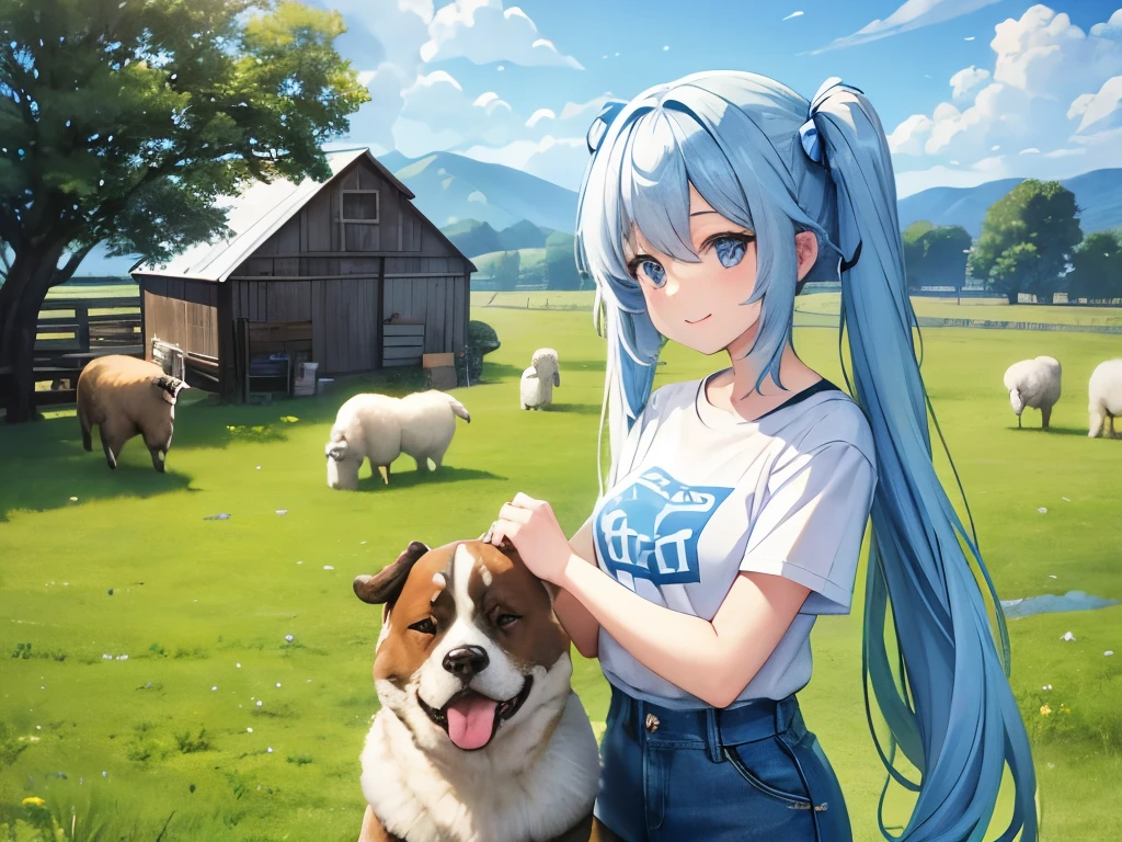 Light blue long hair、Beautiful girl with twin tails、T-shirt and denim jumpsuit、Bright smile、Sheep Farm、Two Saint Bernard dogs watching over sheep、Lots of sheep、blue sky、