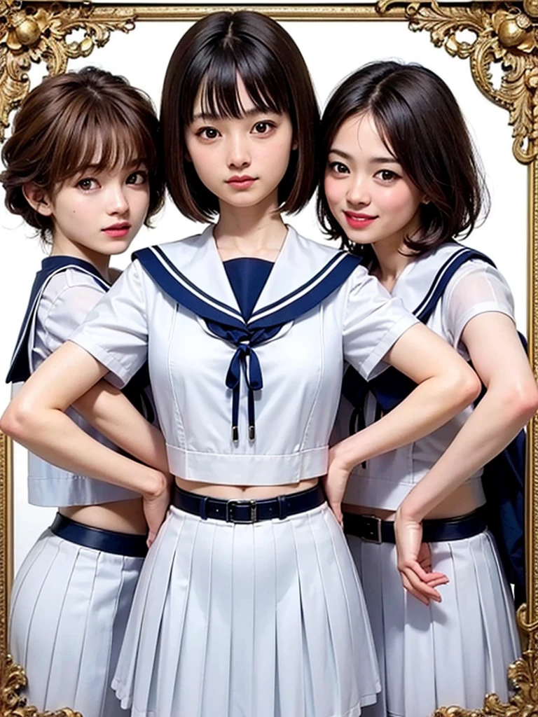 Highest quality、８ｋ、oil、Cowboy Shot、Frame In、Pure white wall background、woman１people、high school student、Sailor suit、Short sleeve、Black pleated skirt、mini skirt、Hands on hips、smile、Brown Hair、Bob Hair、