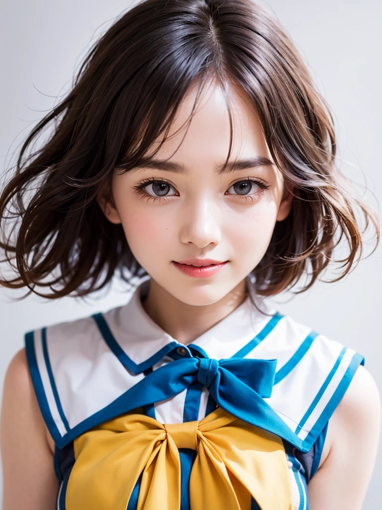 Highest quality、8k、oil、Bust Shot、Frame In、Pure white wall background、woman1people、high school student、Sailor suit、Short sleeve、Black pleated skirt、mini skirt、Hands on hips、smile、Brown Hair、Bob Hair、