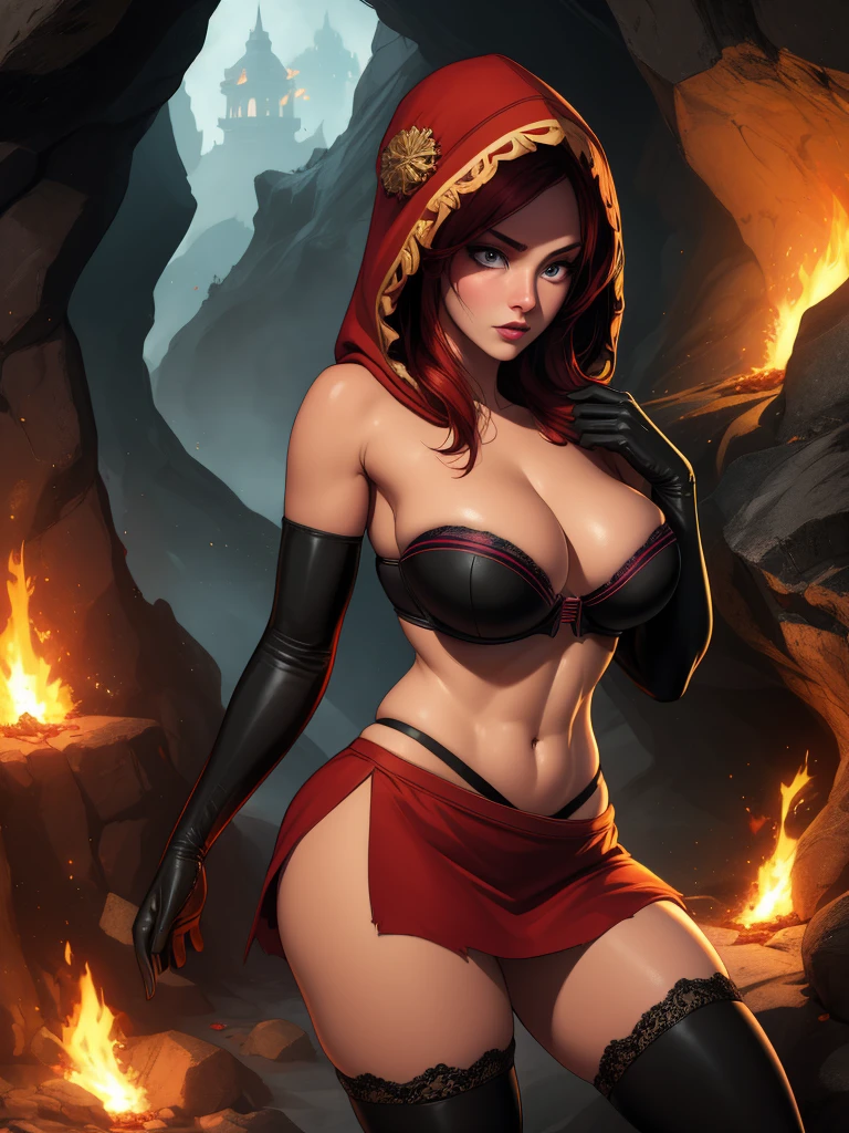 Dsorceress, redhair, shadowy face,dark cave, fire, hood, shadowed face, strapless bra, slim and athletic body, miniskirt, no panty, elbow gloves, dark skin, 1 girl (insanely detailed, masterpiece, best quality)
