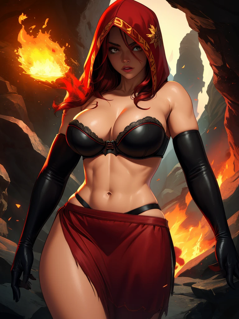 Dsorceress, redhair, shadowy face,dark cave, fire, hood, shadowed face, strapless bra, slim and athletic body, miniskirt, no panty, elbow gloves, dark skin, 1 girl (insanely detailed, masterpiece, best quality)