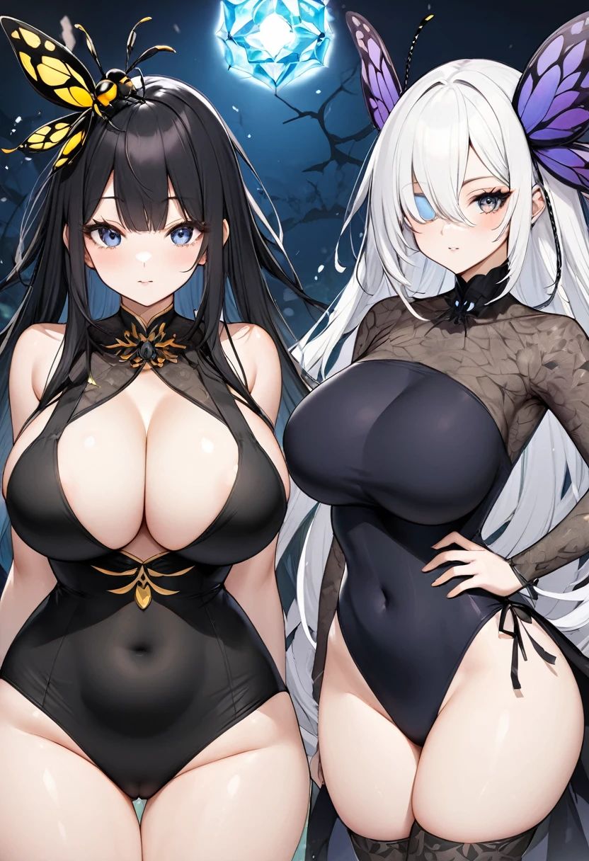 beautiful girl:
long hair with bangs:
Hair color; black and white hair, but with black bangs and a few strands of black hair Body: big breasts, small waist, Wide hips, chubby thighs, culona (wasp body)
Imegen: tiene un tatuaje en el pecho de una araña 🕷️ y en el abdomen bajo tiene un tatuaje tambien de flor de loto 🪷
Ojos: heterocromina, one eye is black and the other is light blue crystalline