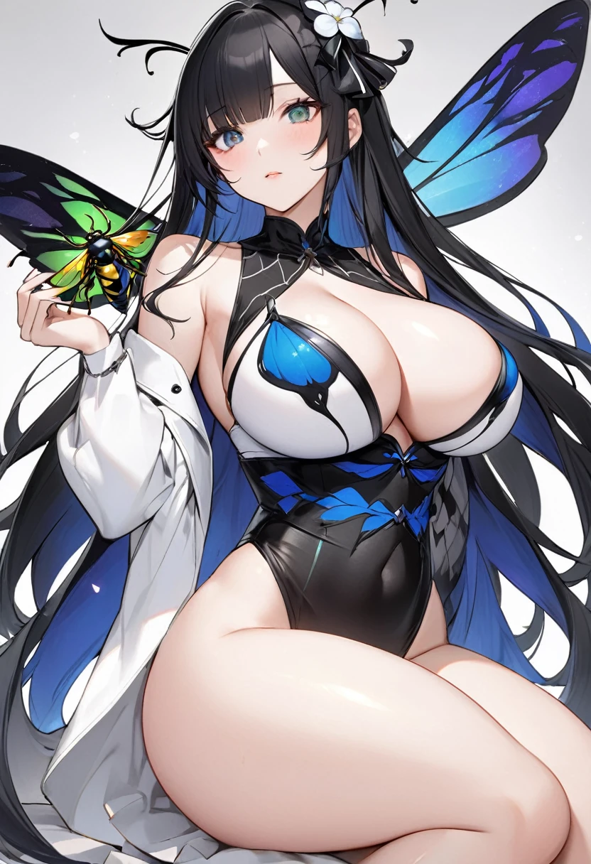 beautiful girl:
long hair with bangs:
Hair color; black and white hair, but with black bangs and a few strands of black hair Body: big breasts, small waist, Wide hips, chubby thighs, culona (wasp body)
Imegen: tiene un tatuaje en el pecho de una araña 🕷️ y en el abdomen bajo tiene un tatuaje tambien de flor de loto 🪷
Ojos: heterocromina, one eye is black and the other is light blue crystalline