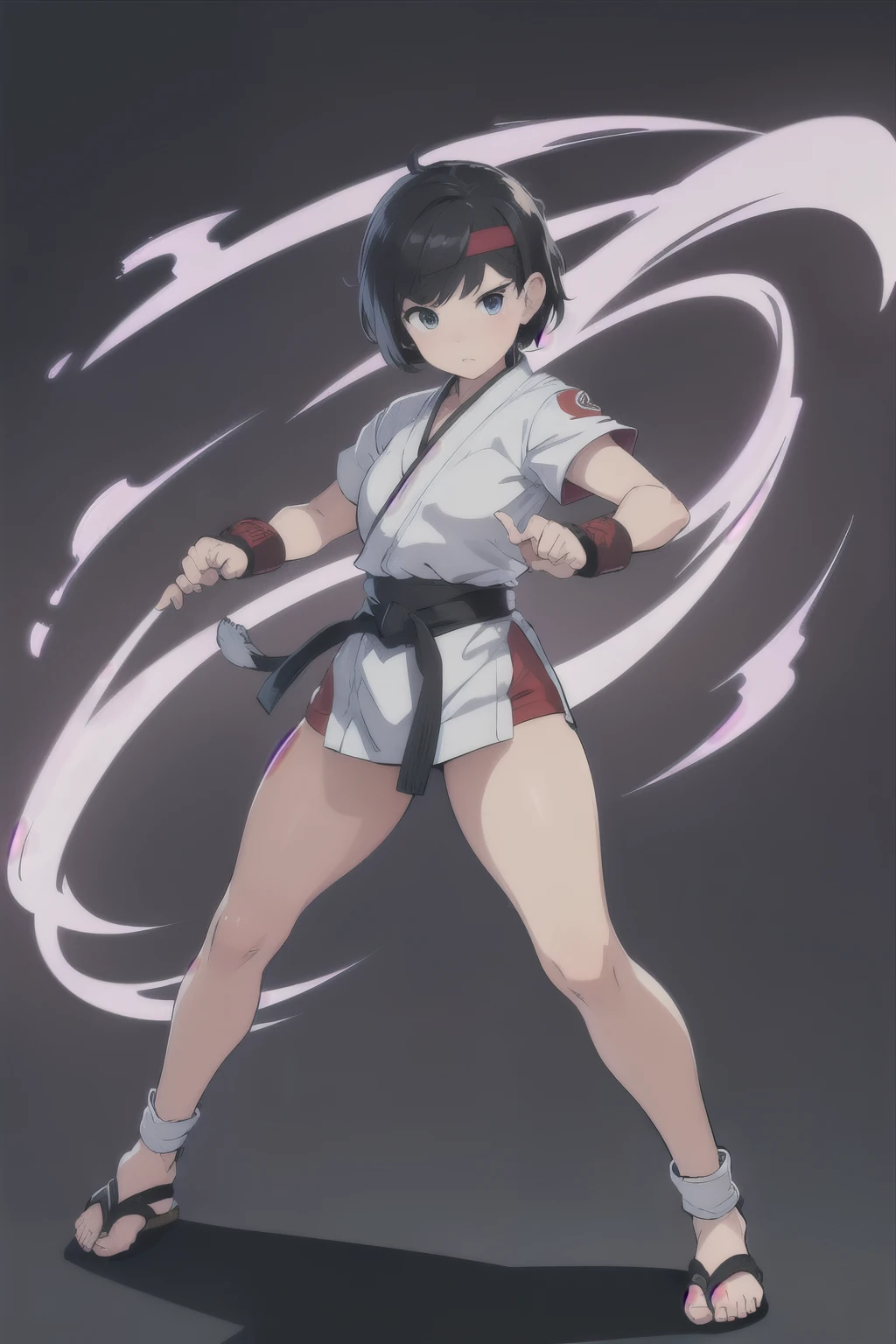 (masterpiece, best quality:1.2), expressive eyes, perfect face, highres, 1girl, solo, ryu, (female:1.5), black hair, short hair, dougi , fingerless gloves, headband, fighting pose, portrait, looking at the viewer, cowboy shot, fullbody shot, sfw