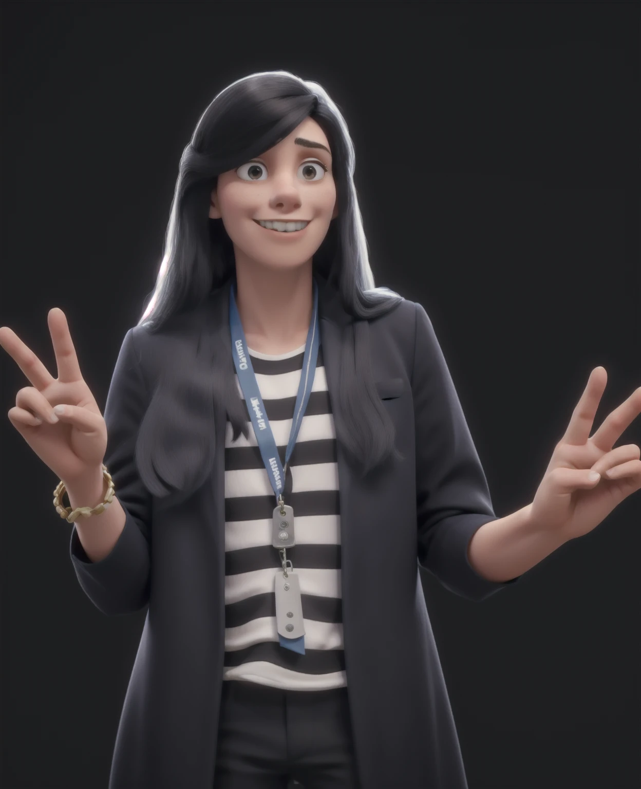 Woman with very long black hair. He has his hands raised, wears a badge with a blue chain and his hair over his blazer. she is very thin