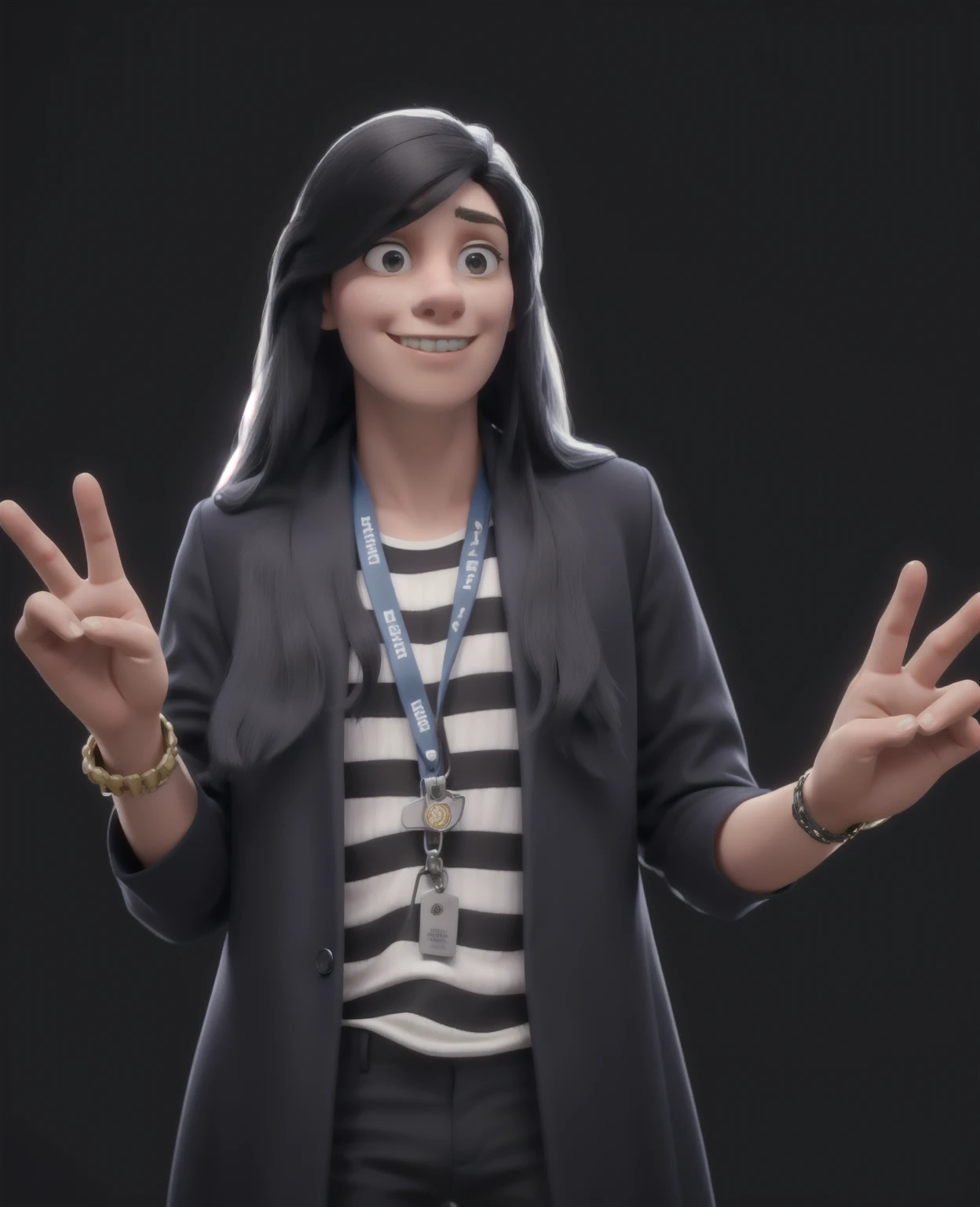 Woman with very long black hair. He has his hands raised, wears a badge with a blue chain and his hair over his blazer. she is very thin