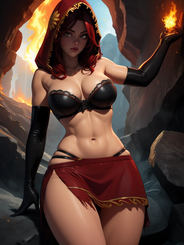 Dsorceress, redhair, shadowy face,dark cave, fire, hood, shadowed face, strapless bra, slim and athletic body, miniskirt, no panty, elbow gloves, dark skin, 1 girl (insanely detailed, masterpiece, best quality)
