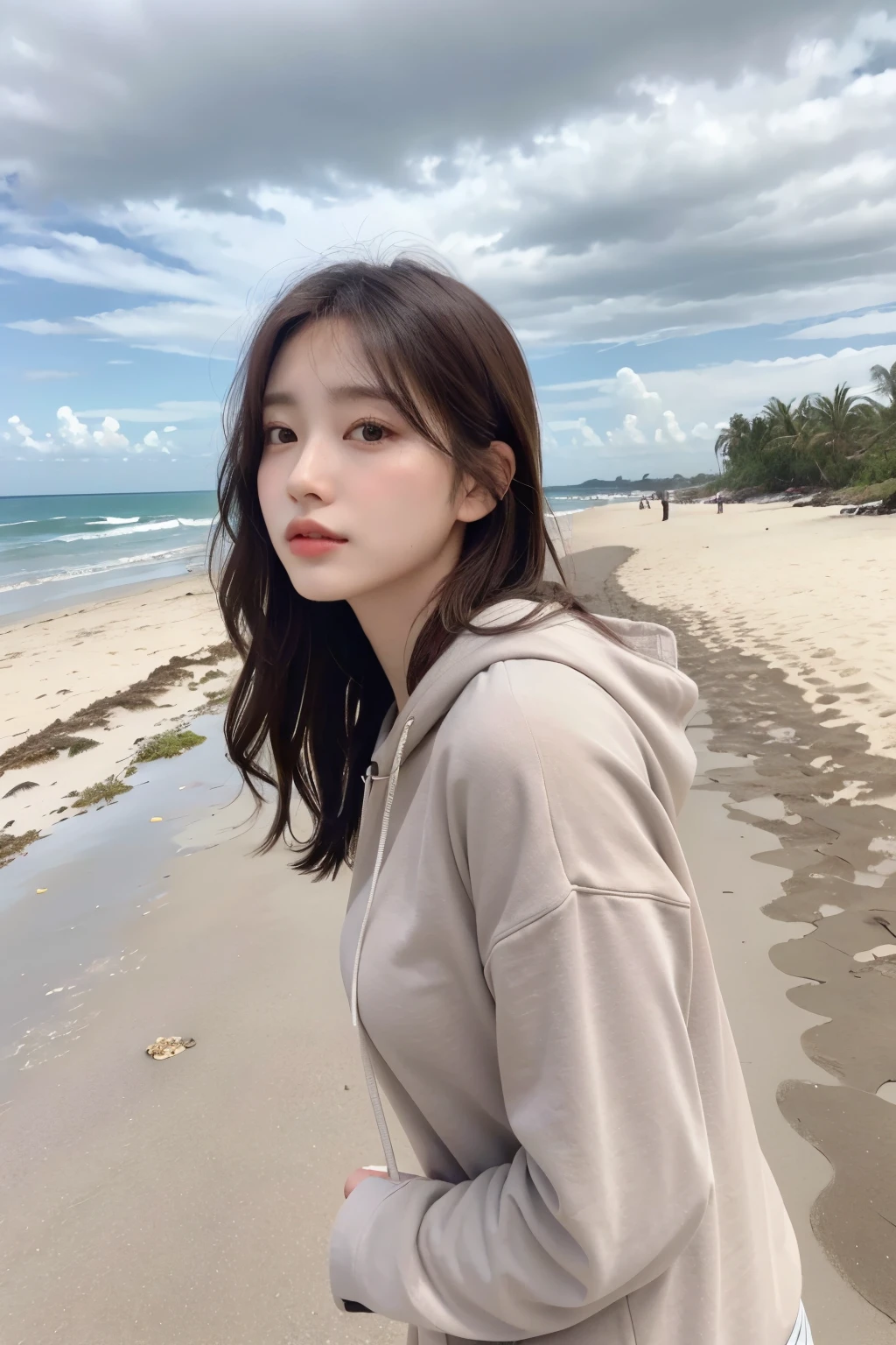(Realistic, High Resolution: 1.3), 1 Girl with Perfect Body, H1-KEY HWISEO, 45 years old, ((h1-key hwiseo)), A young woman with shoulder-length hair、wearing a light-colored hoodie、Standing on the beach with a calm expression。Sandy beach in the background、A few beachgoers in the distance、And autumn-colored trees々There is a lush forest area。The sky is cloudy.、It creates a soft and calm atmosphere。