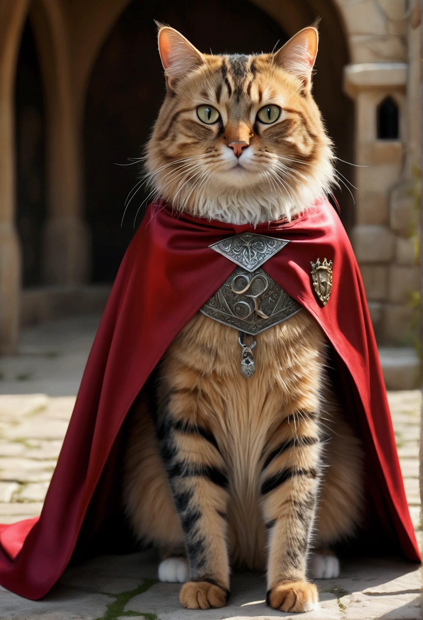 (best quality,4K,8k,A high resolution,master part:1.2),ultra detail,(Realistic, photo realistic,photo-realistic:1.37),A brave cat, wearing cape, (written "OCKSYI" on the cape, medieval fantasy background)