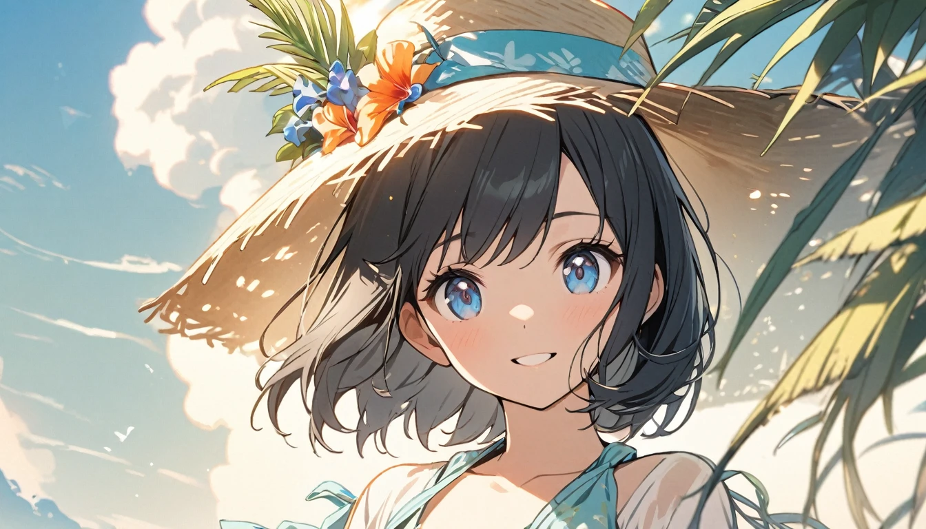 beautiful 1girl, solo, gentle smile on her face flat chest, short hair, black hair, blue eyes, Beautiful depiction, in a summer outfit