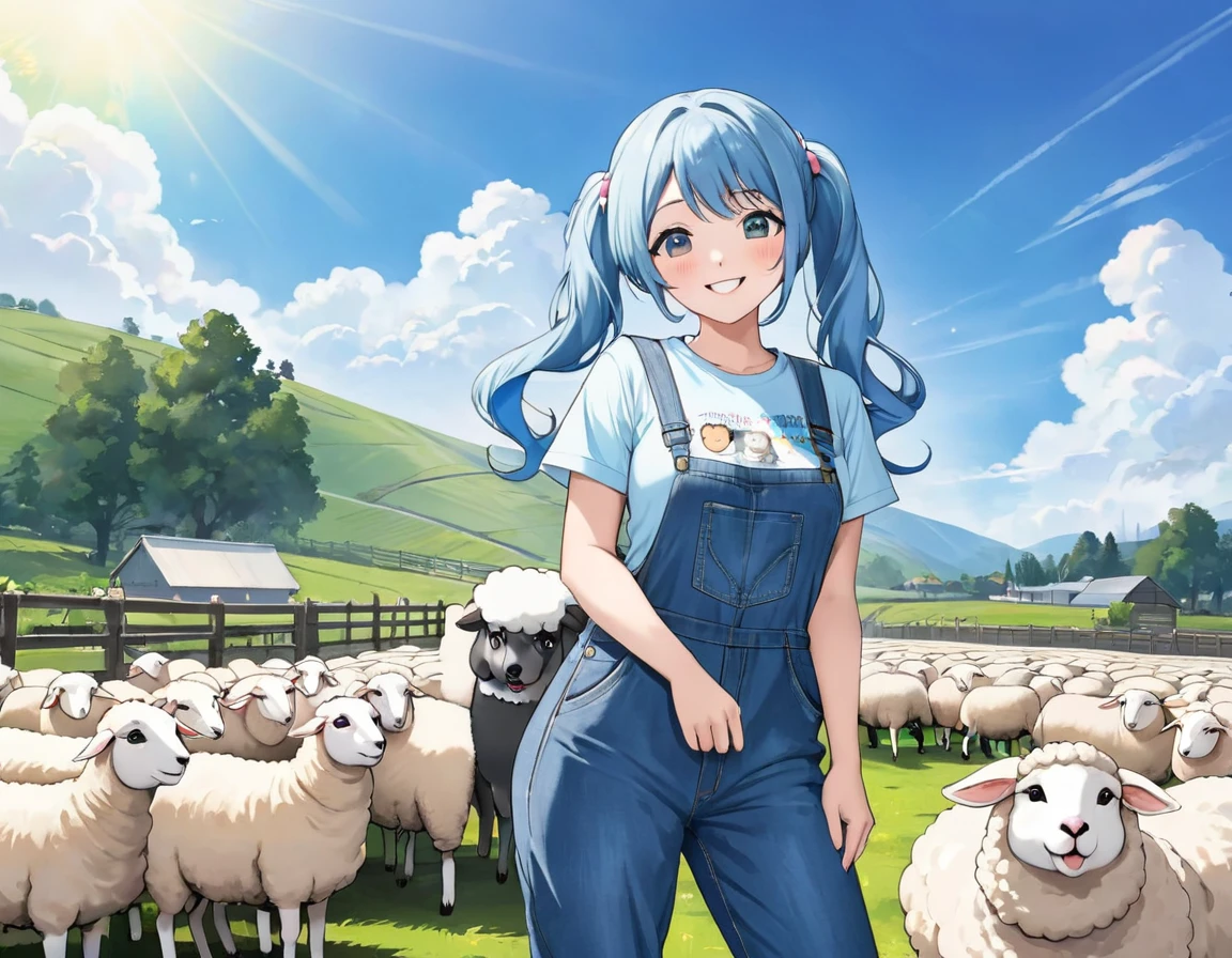 Light blue long hair、Beautiful girl with twin tails、T-shirt and denim jumpsuit、Bright smile、Sheep Farm、Two Saint Bernard dogs watching over sheep、Lots of sheep、blue sky、