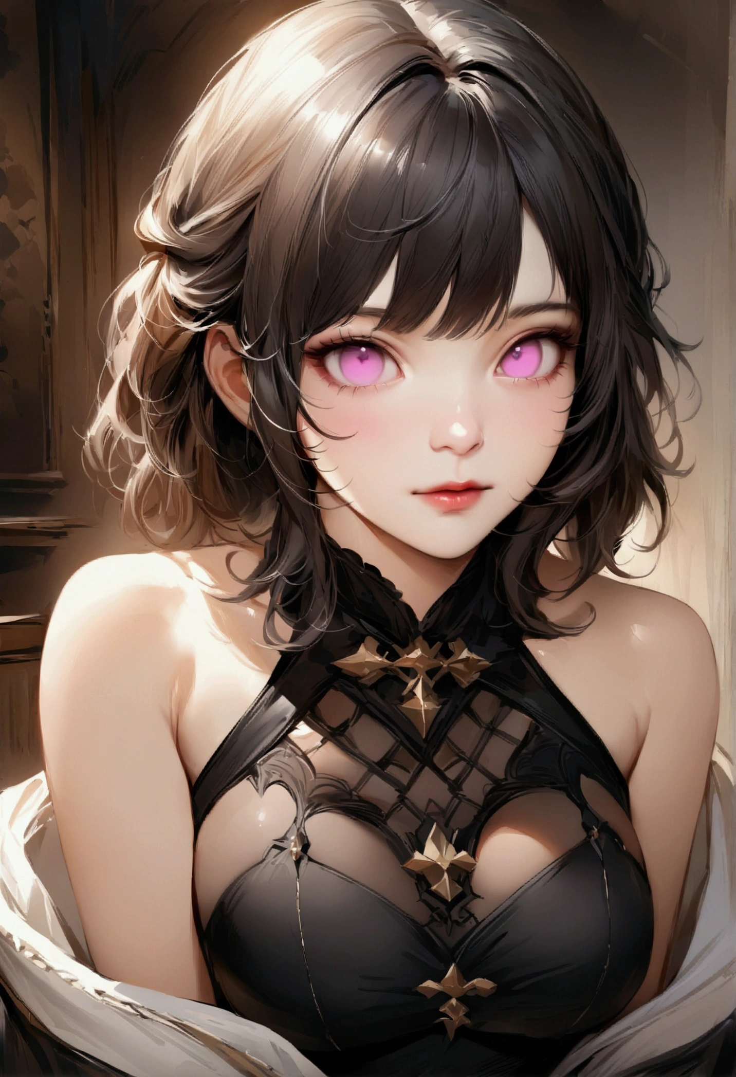 (Realistic painting style:0.9), ( painting style:0.9), (best quality), absurdres, looking at viewer, no pupils, (detailed eyes), alternate costume,(masterpiece), expressive eyes, perfect face medium breasts,1girl JK, score_9, score_8_up, score_7_up, score_6_up, 