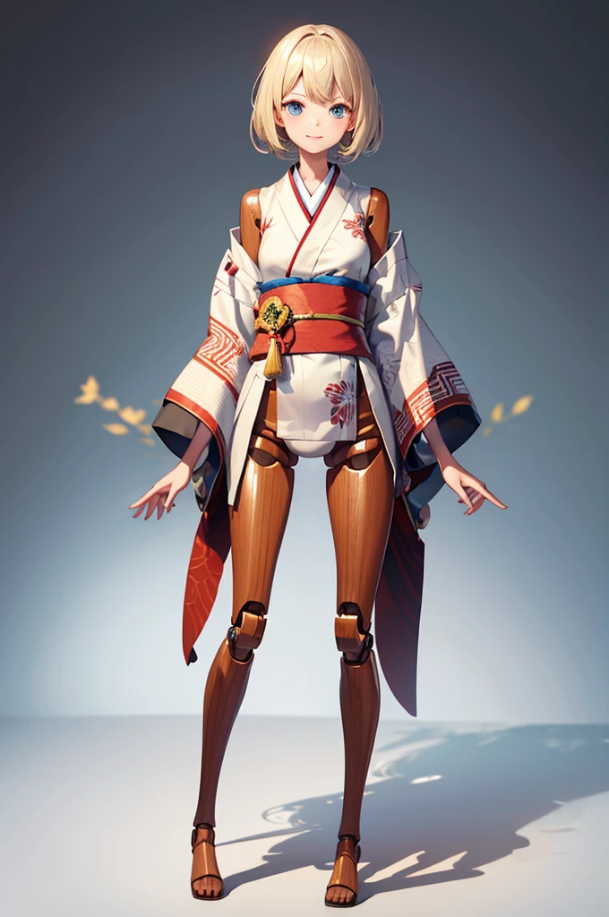 Wooden Humanoid Robot,Wood grain body,Made to resemble a young girl,wear the kimono,Young,An innocent smile