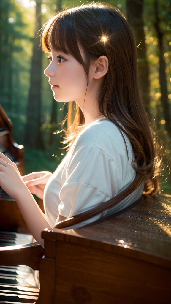 Ghibli style image 1 girl, High resolution, Brown Hair, Sparkle Effect, Backlight, Highest quality, In the woods、play piano